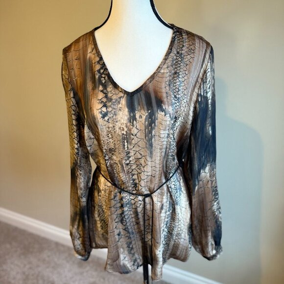 Conrad C Collection Shirt animal print snake brown sheer leather feather belt - Picture 1 of 12